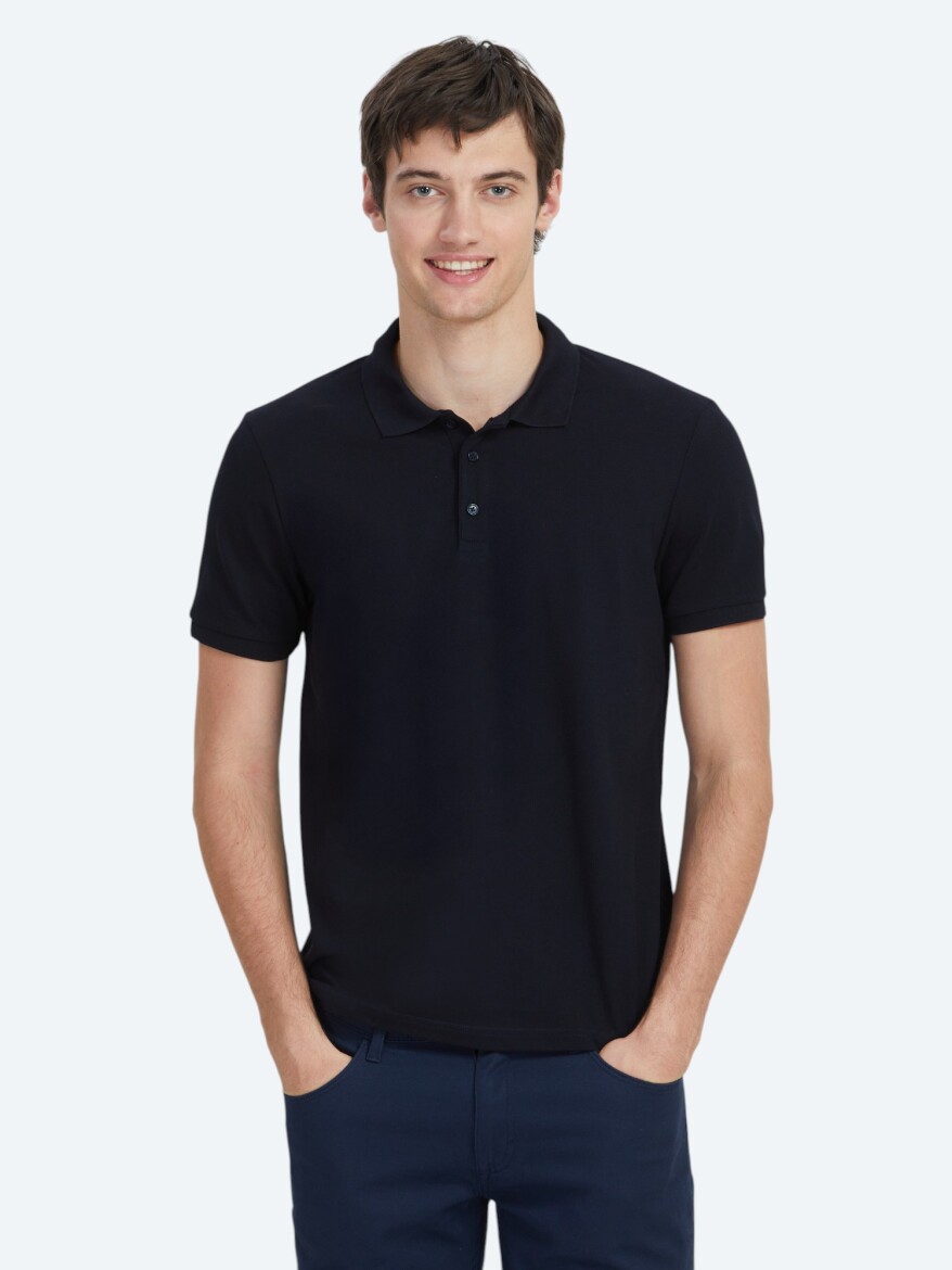 Lacivert Düz Polo Yaka %100 Pamuk T-Shirt - KİP