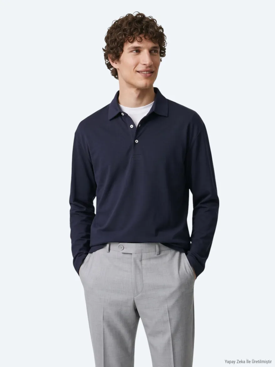 Lacivert Düz Polo Yaka %100 Pamuk T-Shirt 