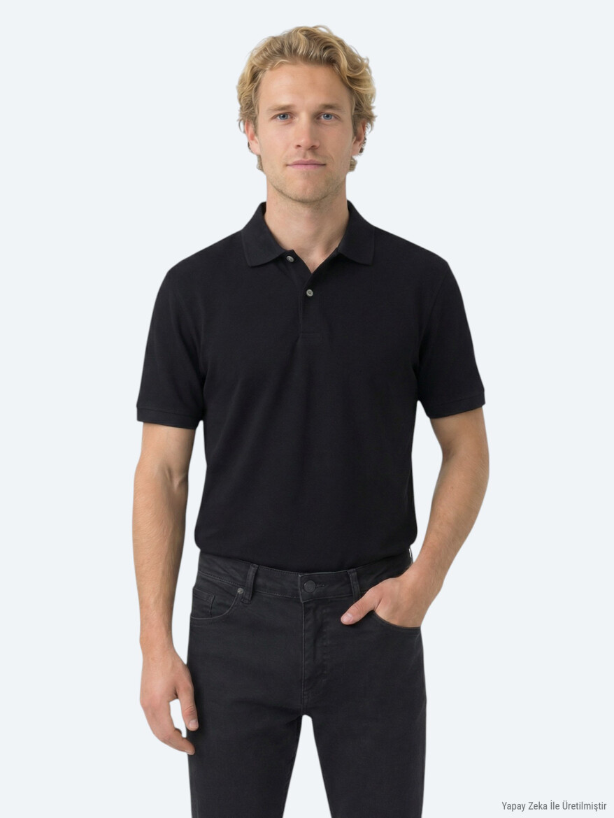 Lacivert Düz Polo Yaka Pamuk Karışımlı T-Shirt - KİP