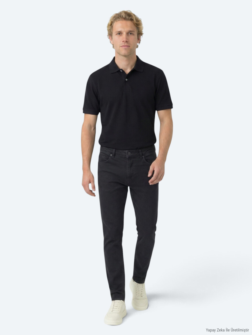 Lacivert Düz Polo Yaka Pamuk Karışımlı T-Shirt - KİP