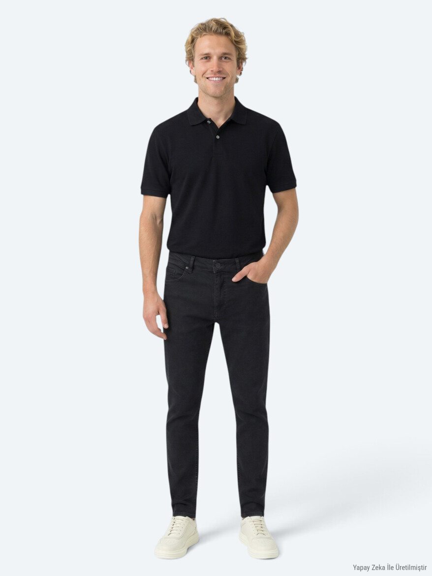Lacivert Düz Polo Yaka Pamuk Karışımlı T-Shirt - 3