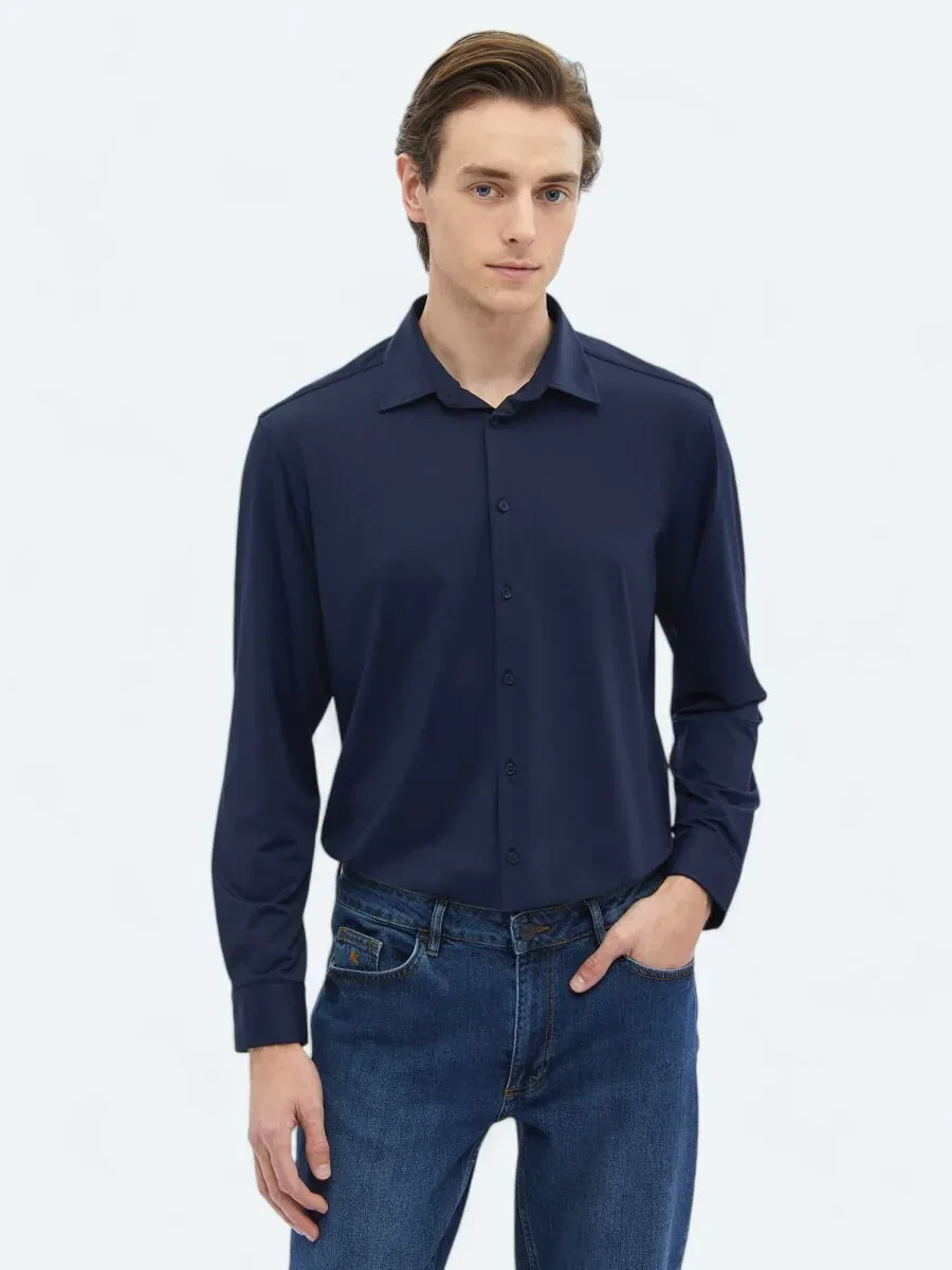 Lacivert Düz Regular Fit Casual Gömlek - 1