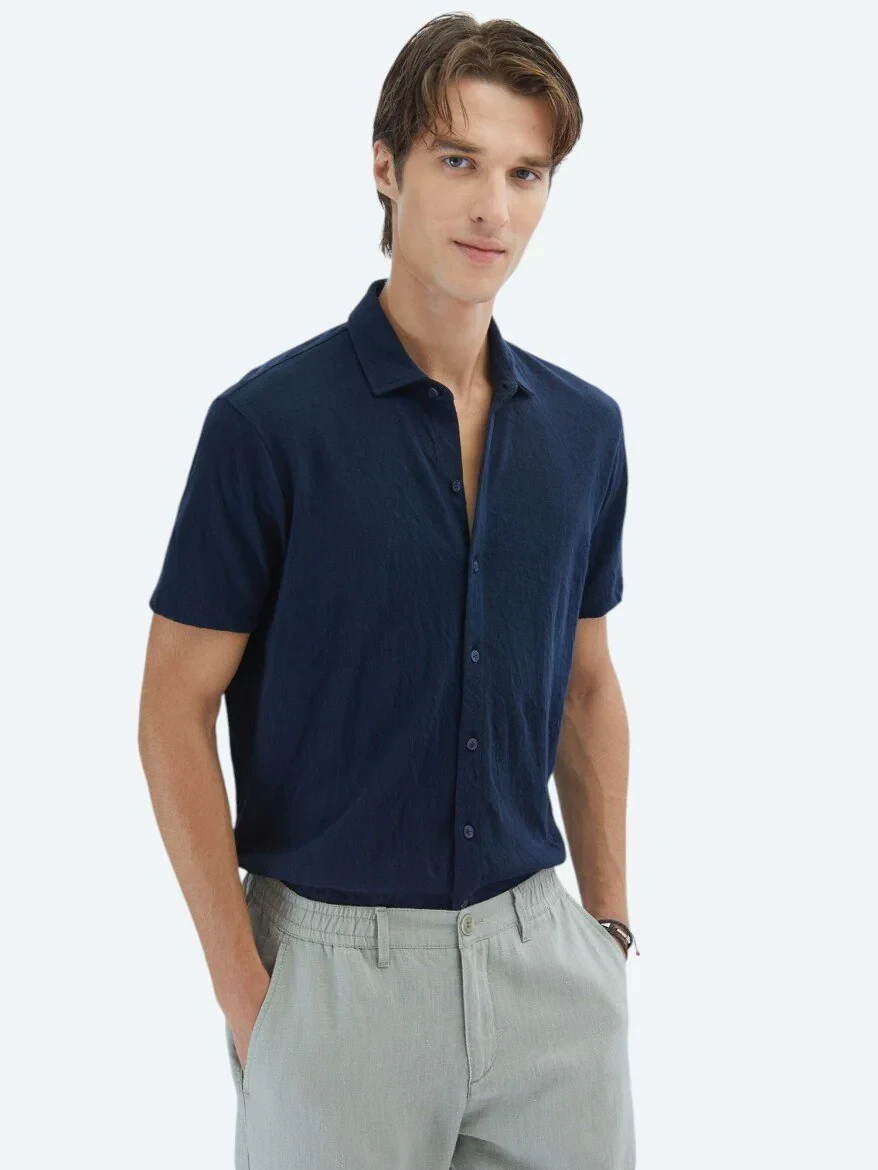 Lacivert Düz Regular Fit Casual Pamuk Karışımlı Gömlek - 1