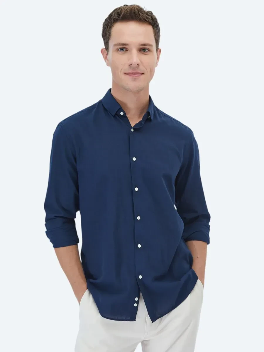 Lacivert Düz Regular Fit Dokuma Casual %100 Pamuk Gömlek - 1