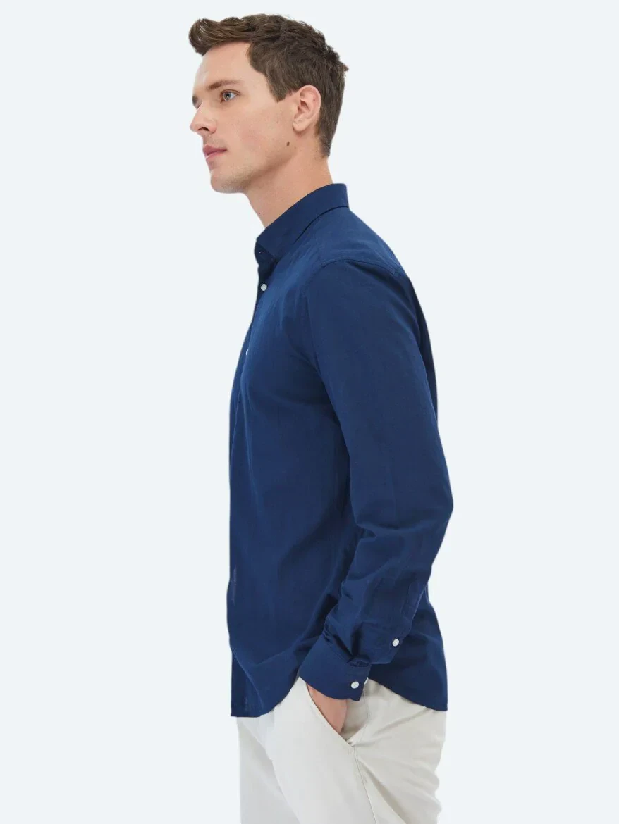 Lacivert Düz Regular Fit Dokuma Casual %100 Pamuk Gömlek - 5