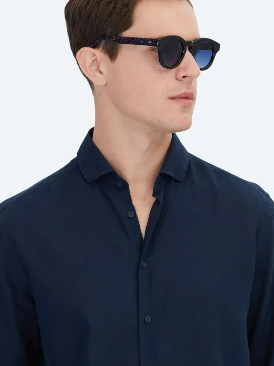 Lacivert Düz Regular Fit Dokuma Casual Pamuk Karışımlı Gömlek - 3