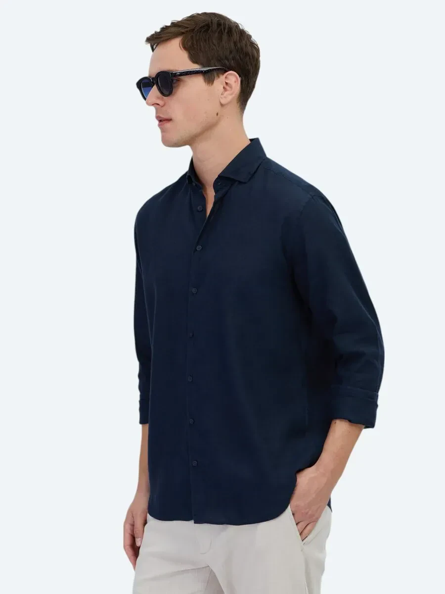 Lacivert Düz Regular Fit Dokuma Casual Pamuk Karışımlı Gömlek - 4