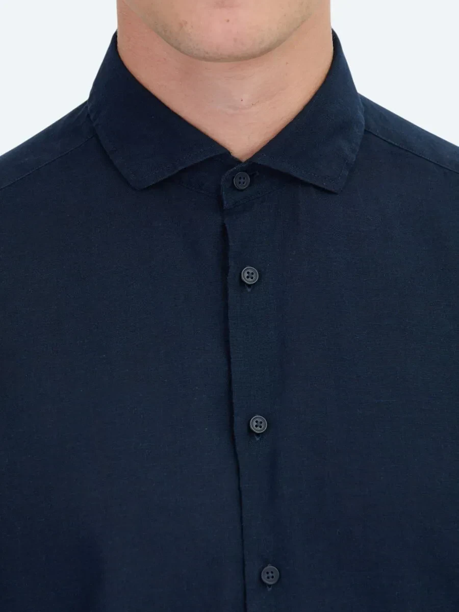 Lacivert Düz Regular Fit Dokuma Casual Pamuk Karışımlı Gömlek - 5