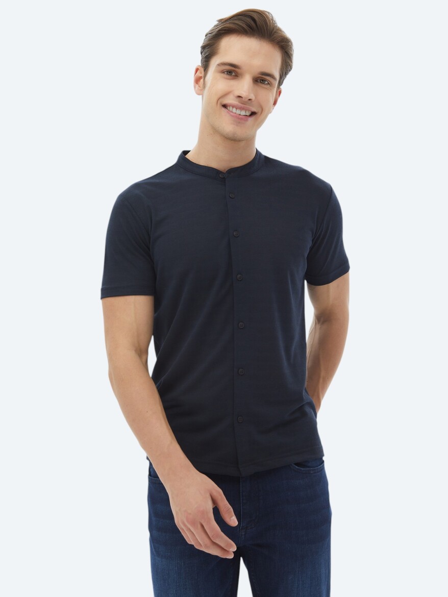 Lacivert Düz Regular Fit Kısa Casual Gömlek - 6
