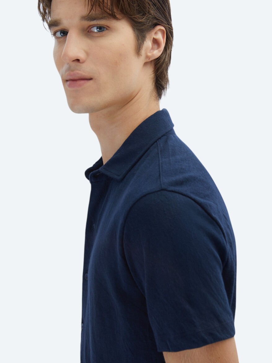 Lacivert Düz Regular Fit Kısa Casual Pamuk Karışımlı Gömlek - 5