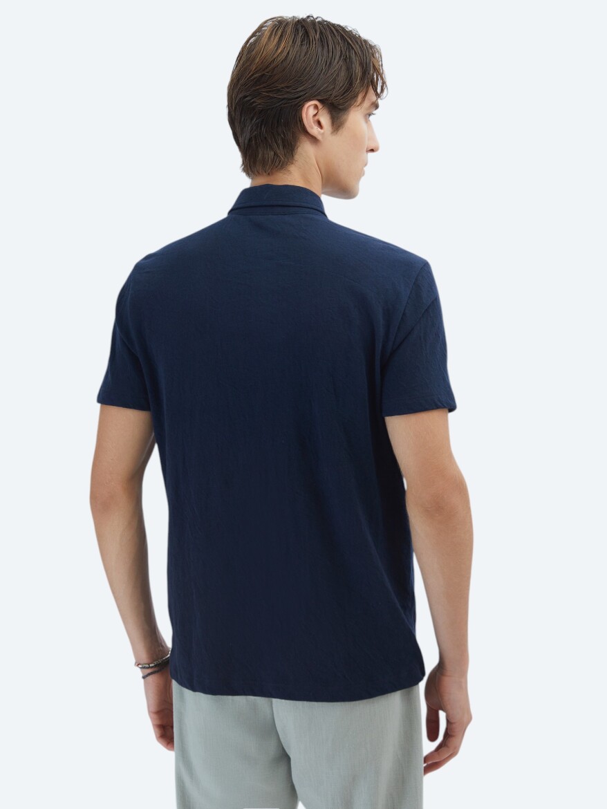 Lacivert Düz Regular Fit Kısa Casual Pamuk Karışımlı Gömlek - 6