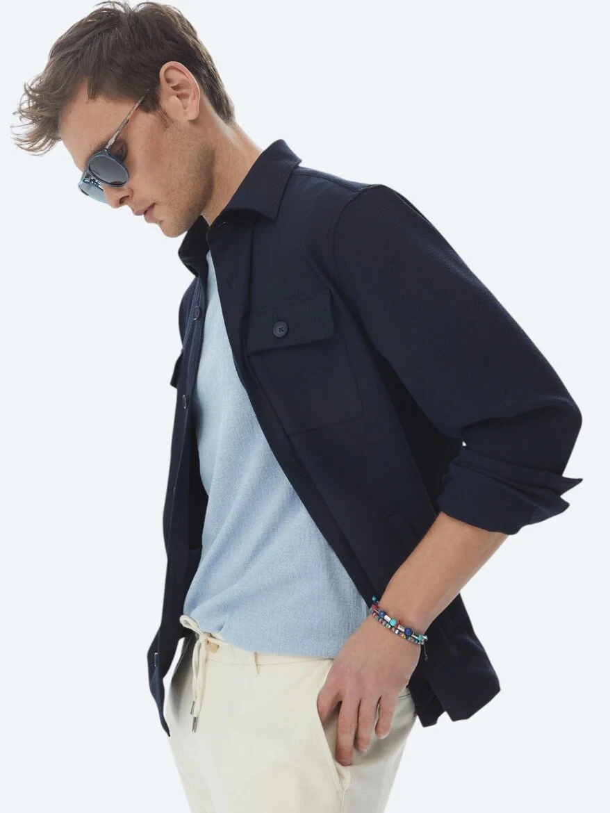 Lacivert Düz Regular Fit Overshırt - 1
