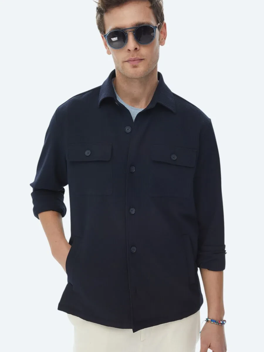 Lacivert Düz Regular Fit Overshırt - 5