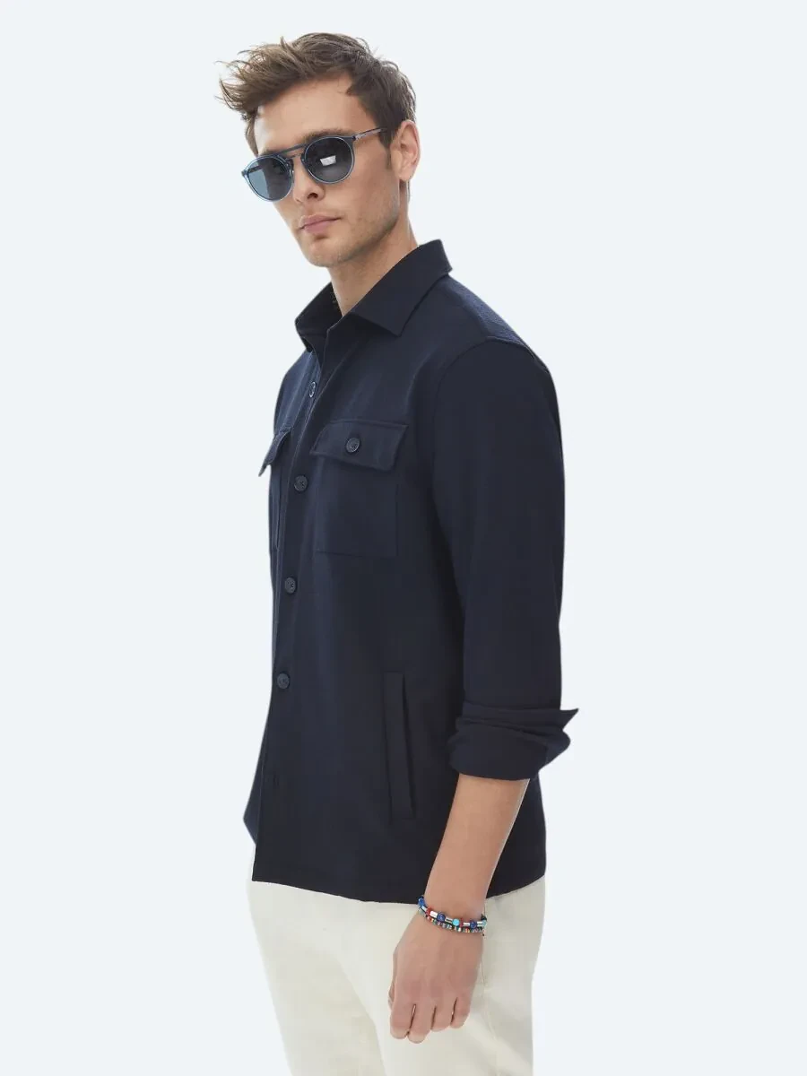 Lacivert Düz Regular Fit Overshırt - 11