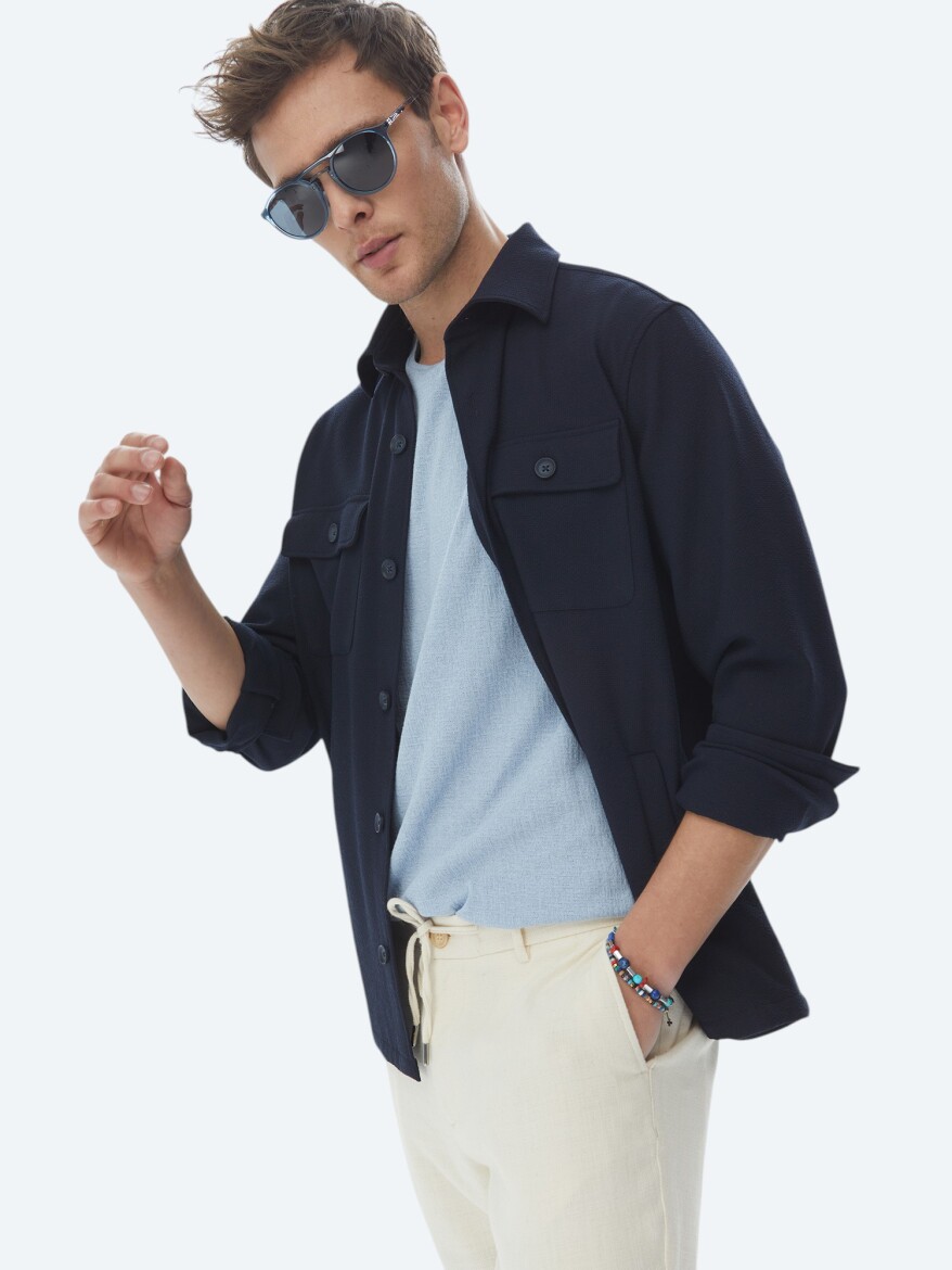 Lacivert Düz Regular Fit Overshırt - 10
