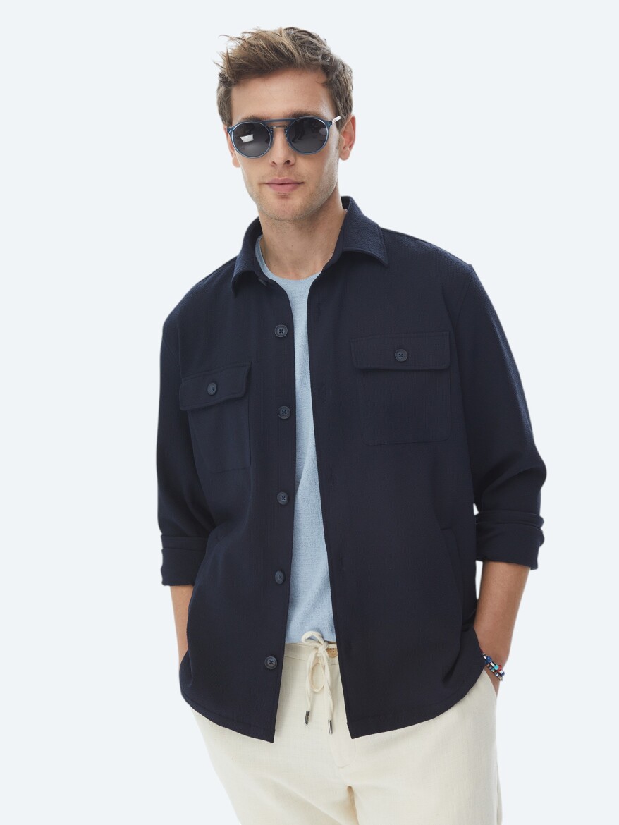 Lacivert Düz Regular Fit Overshırt - 12
