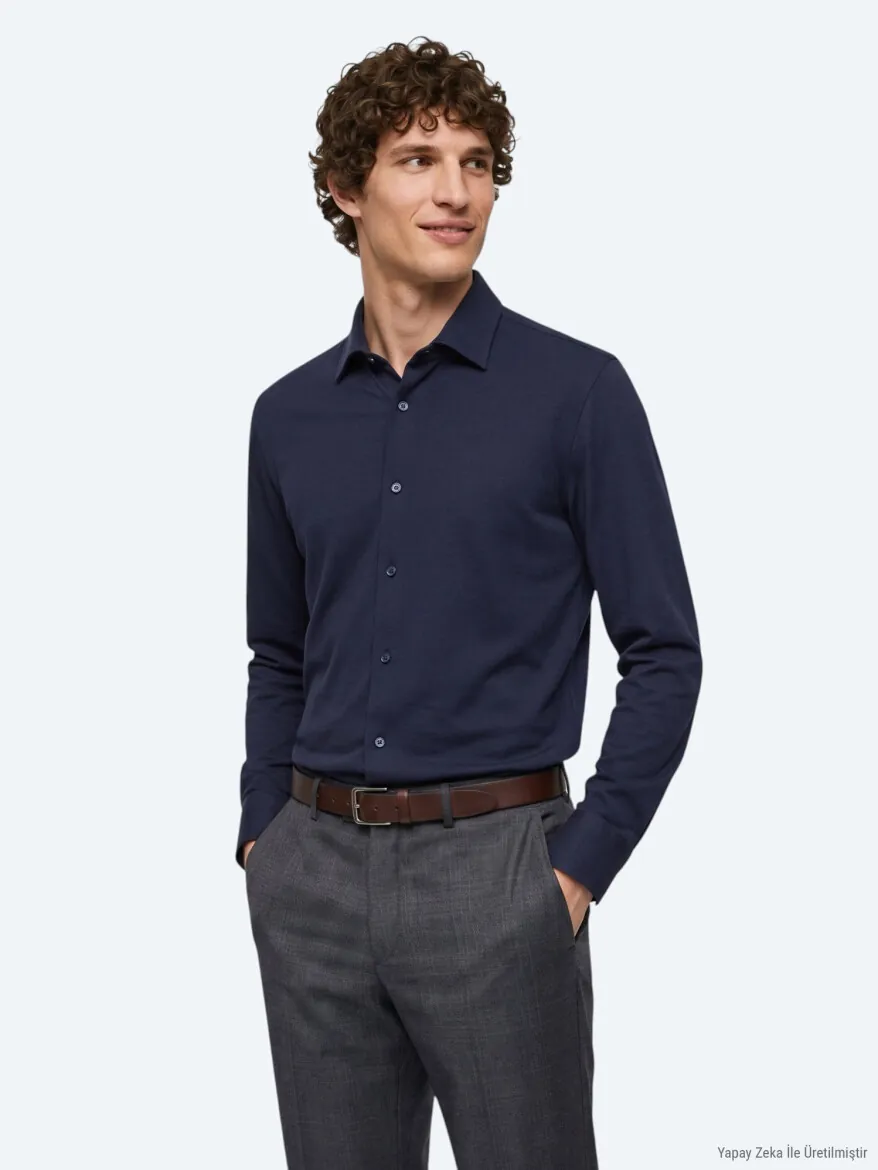Lacivert Düz Regular Fit Uzun Casual %100 Pamuk Gömlek - KİP