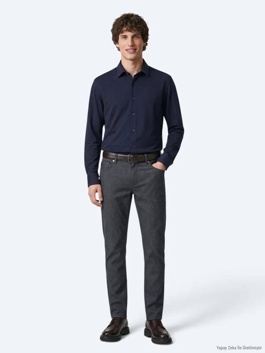 Lacivert Düz Regular Fit Uzun Casual %100 Pamuk Gömlek - KİP