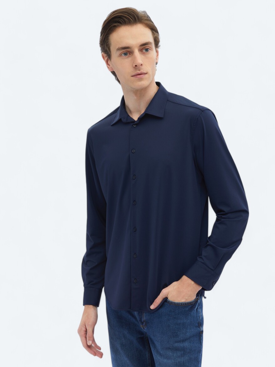 Lacivert Düz Regular Fit Uzun Casual Gömlek - 3