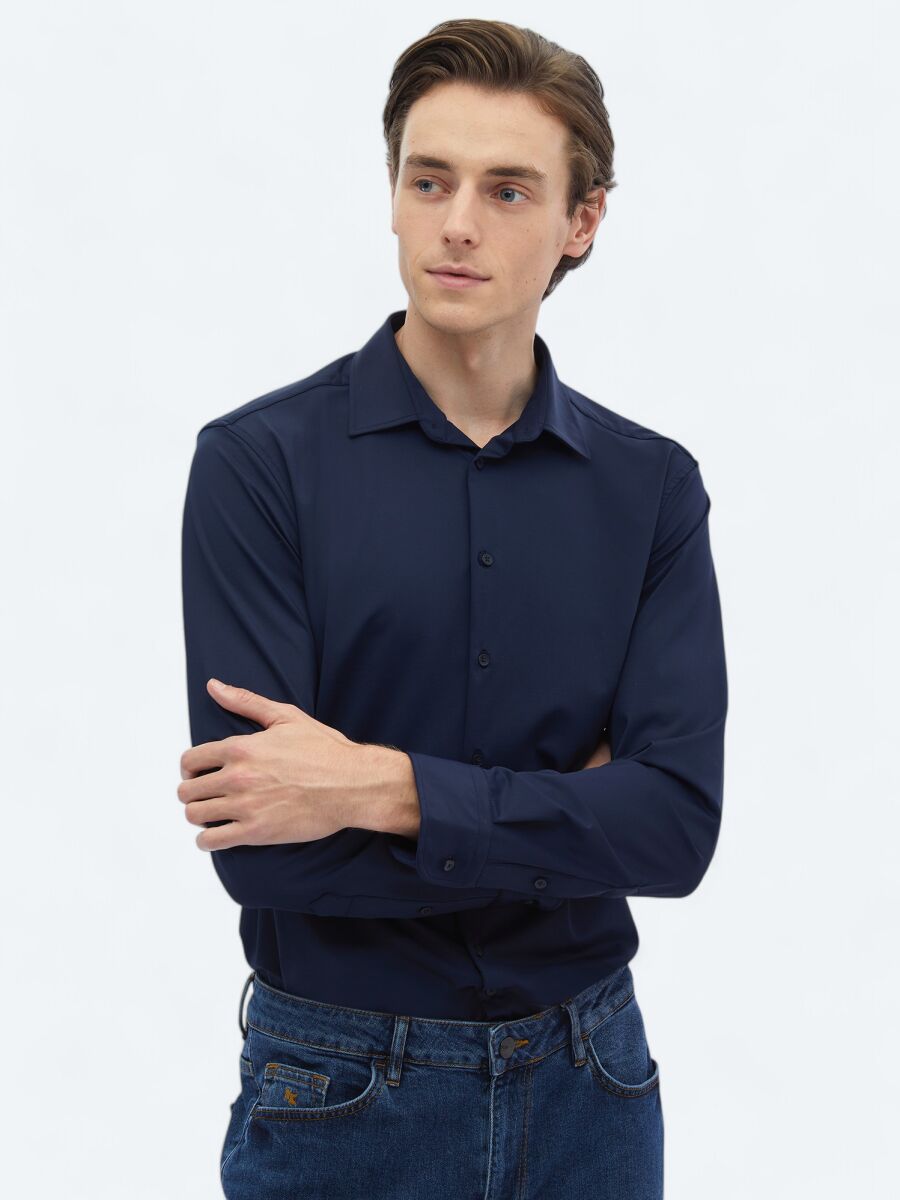 Lacivert Düz Regular Fit Uzun Casual Gömlek - 4