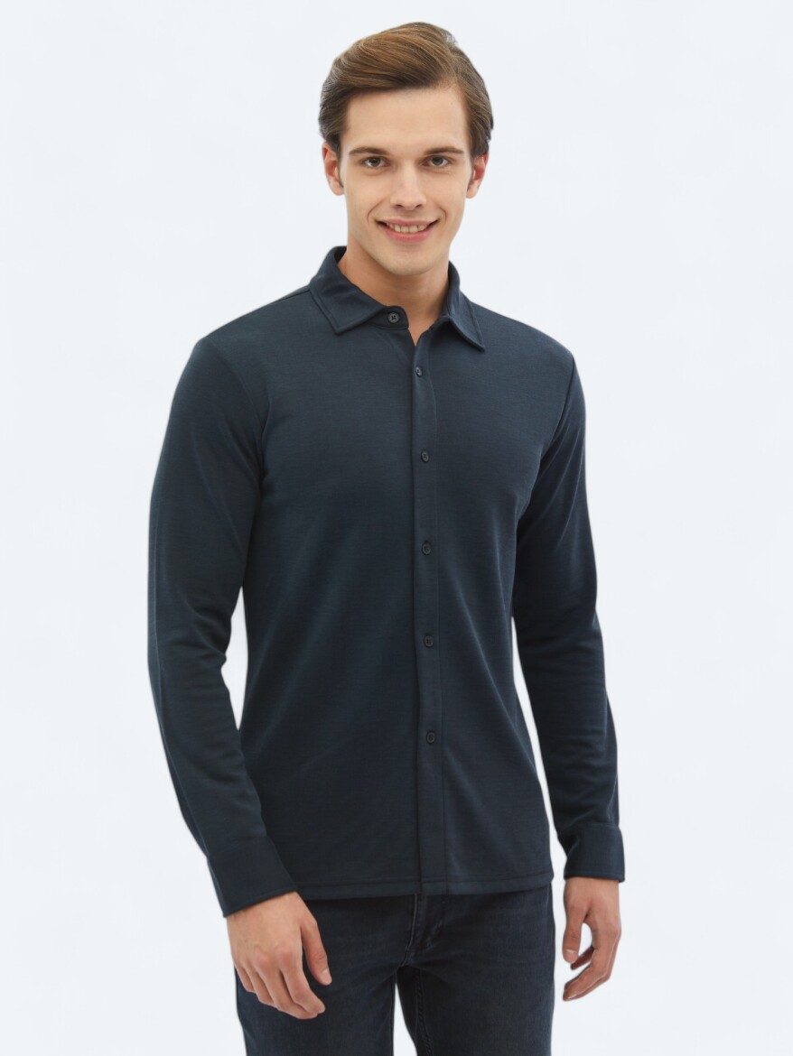 Lacivert Düz Regular Fit Uzun Casual Gömlek - 1