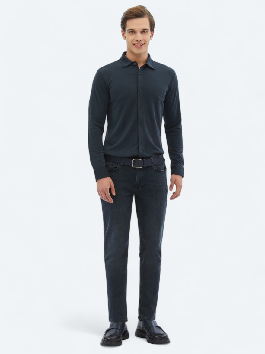 Lacivert Düz Regular Fit Uzun Casual Gömlek - 2