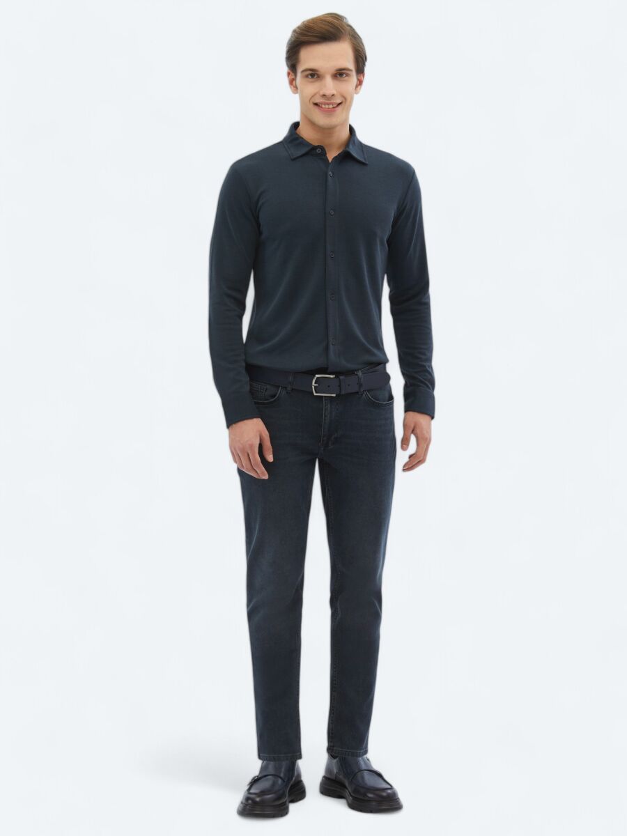 Lacivert Düz Regular Fit Uzun Casual Gömlek - 2