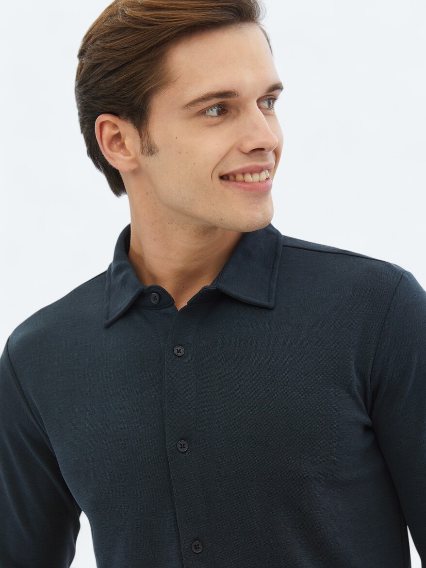 Lacivert Düz Regular Fit Uzun Casual Gömlek - 3