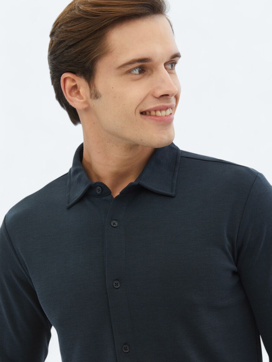 Lacivert Düz Regular Fit Uzun Casual Gömlek - 3