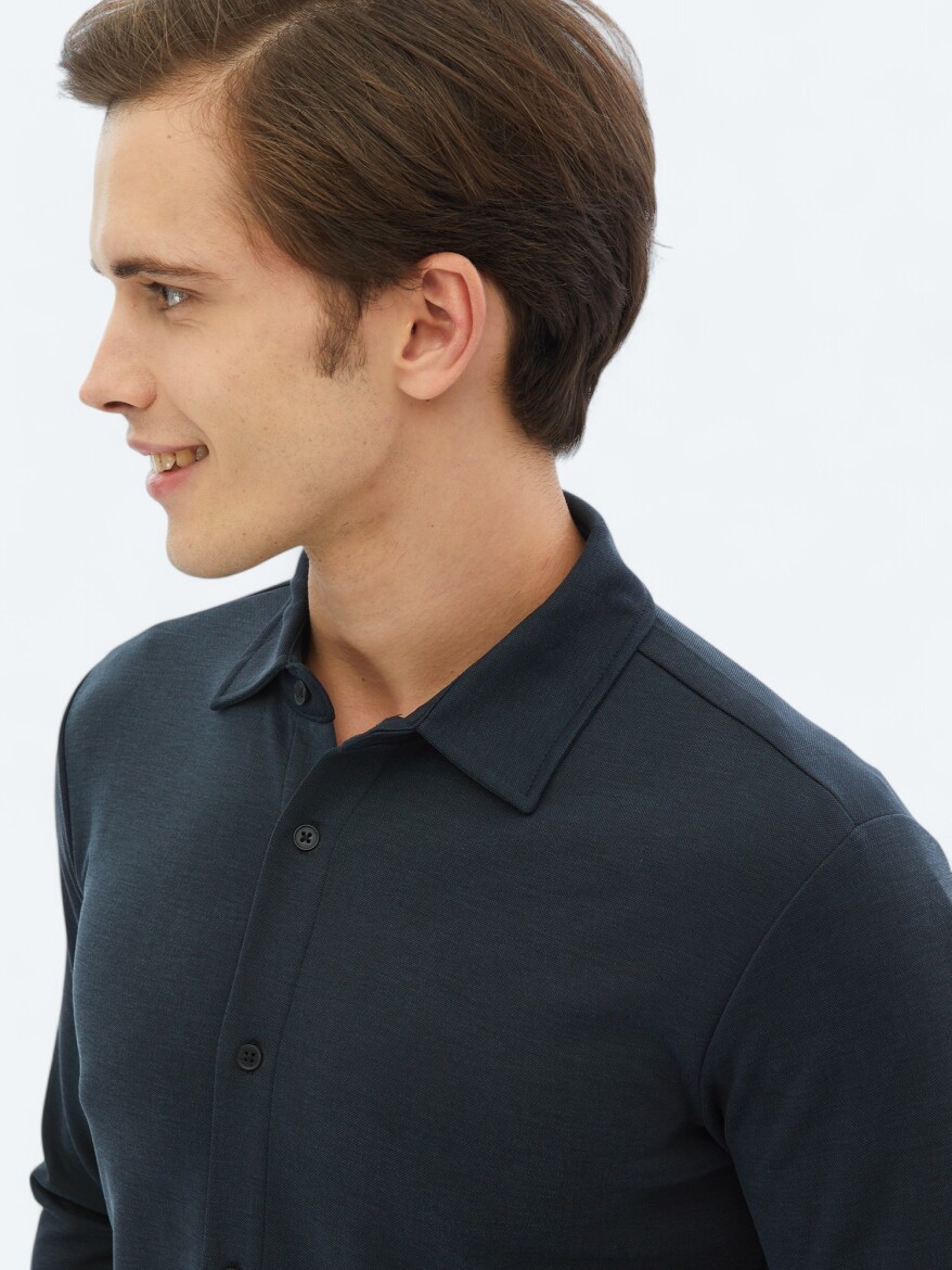 Lacivert Düz Regular Fit Uzun Casual Gömlek - 4
