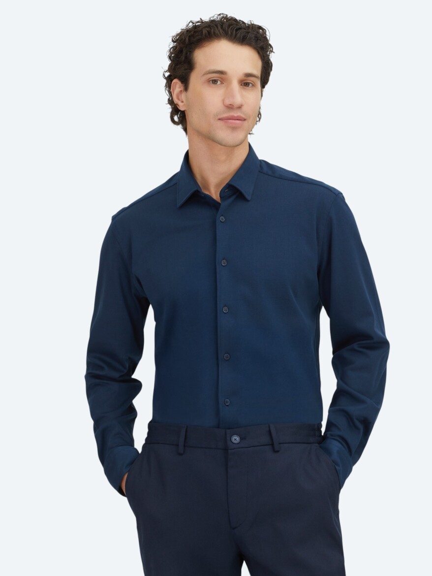 Lacivert Düz Regular Fit Uzun Dokuma Casual %100 Pamuk Gömlek 