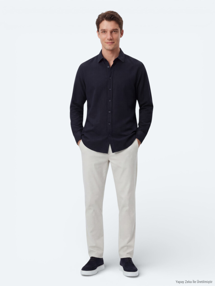 Lacivert Düz Regular Fit Dokuma Casual %100 Pamuk Gömlek - 4