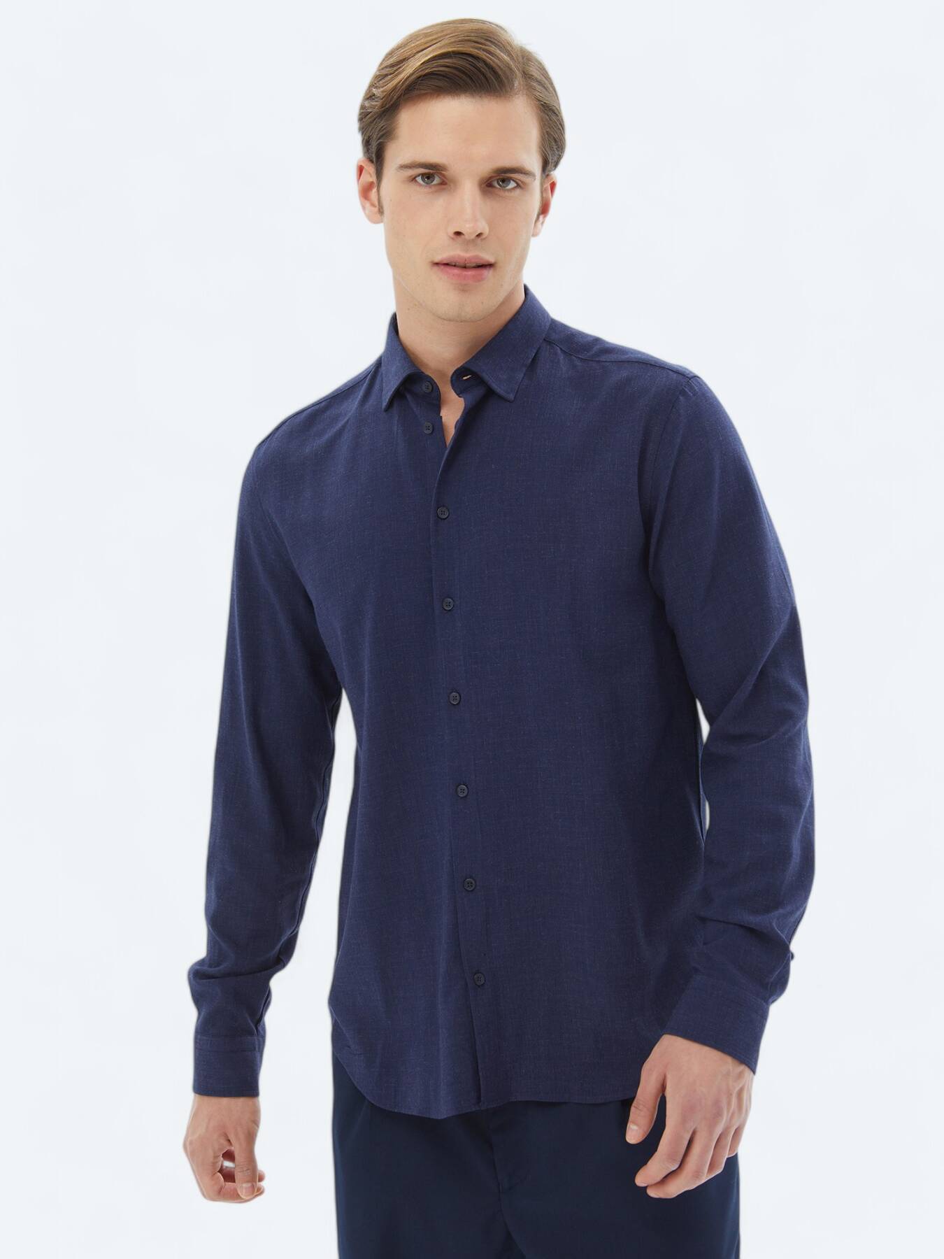 Lacivert Düz Regular Fit Uzun Dokuma Casual Gömlek