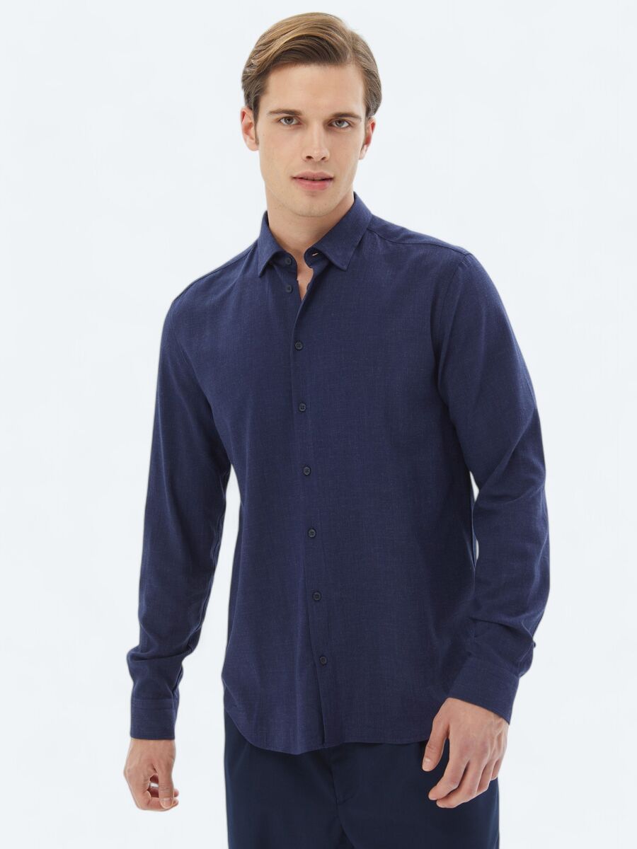 Lacivert Düz Regular Fit Uzun Dokuma Casual Gömlek - 1