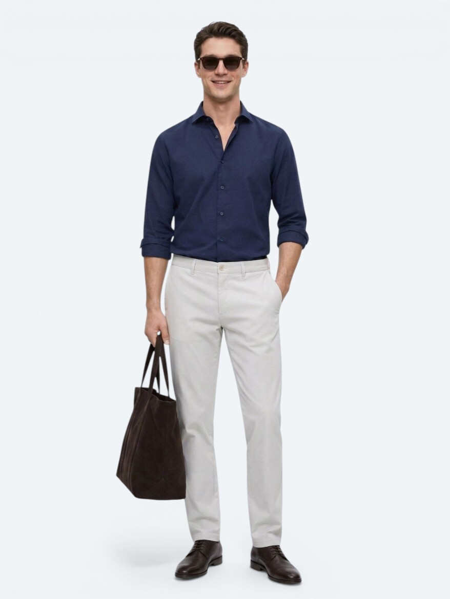 Lacivert Düz Regular Fit Uzun Dokuma Casual Pamuk Karışımlı Gömlek - 3