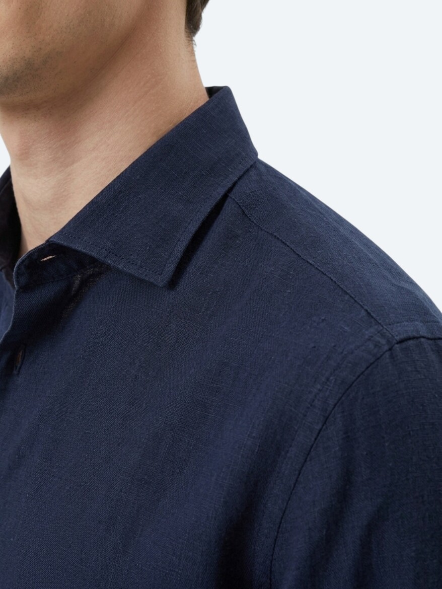 Lacivert Düz Regular Fit Uzun Dokuma Casual Pamuk Karışımlı Gömlek - KİP