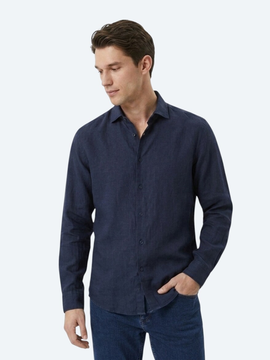 Lacivert Düz Regular Fit Uzun Dokuma Casual Pamuk Karışımlı Gömlek - 3