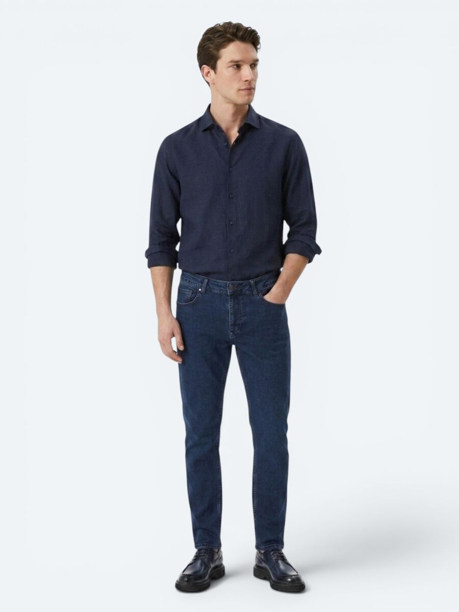 Lacivert Düz Regular Fit Uzun Dokuma Casual Pamuk Karışımlı Gömlek - 4