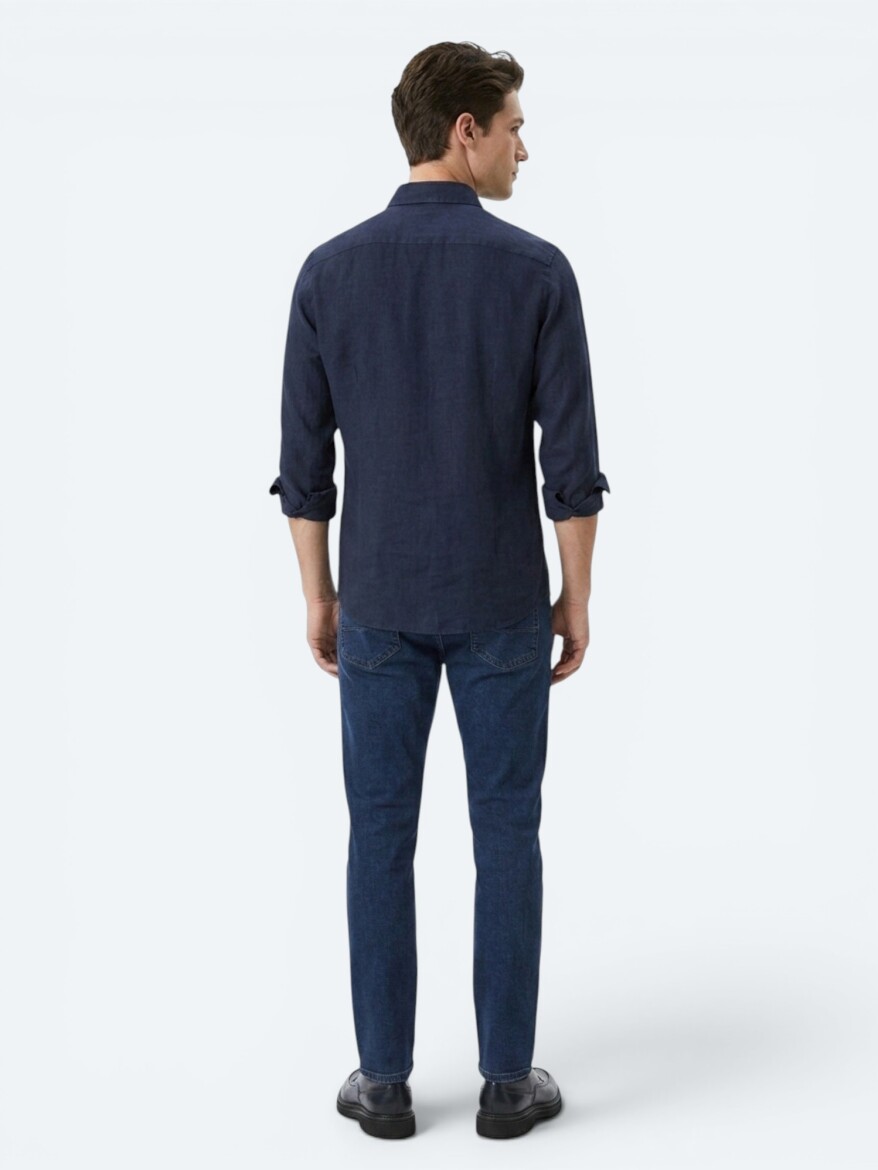 Lacivert Düz Regular Fit Uzun Dokuma Casual Pamuk Karışımlı Gömlek - 5