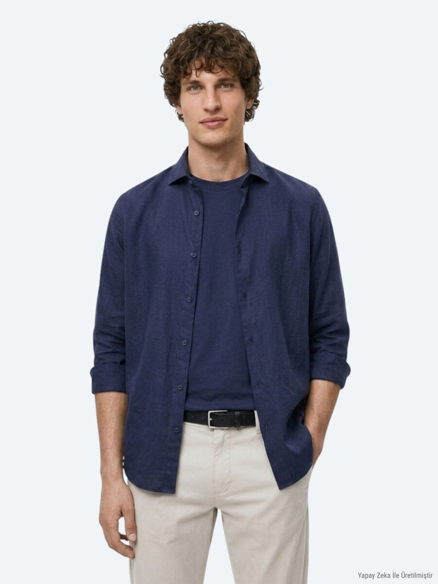 Lacivert Düz Regular Fit Uzun Dokuma Casual Pamuk Karışımlı Gömlek - 4