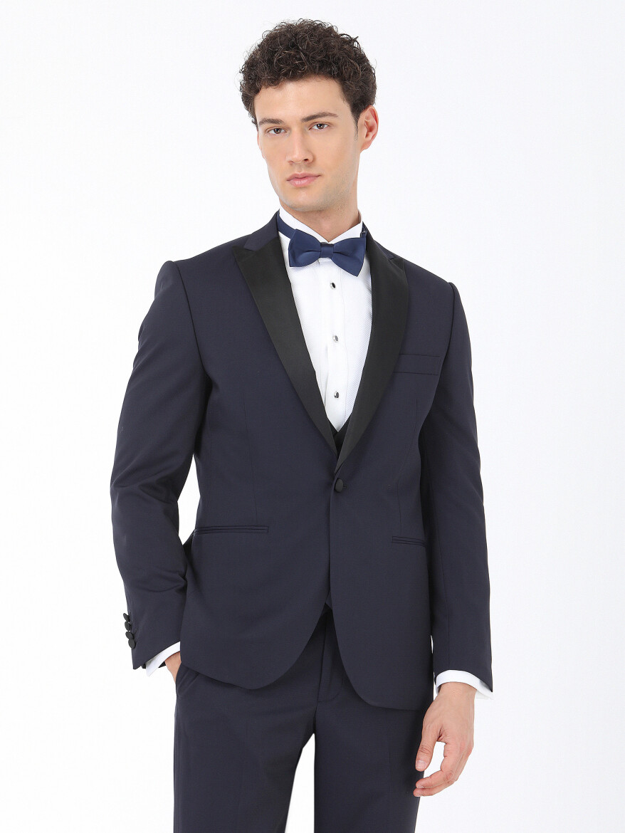 Lacivert Düz Slim Fit Demonte Yaka Dokuma Yelekli Smokin Takım Elbise - KİP