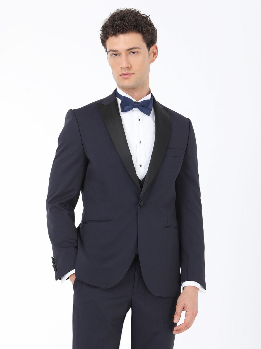 Lacivert Düz Slim Fit Demonte Yaka Dokuma Yelekli Smokin Takım Elbise - 1