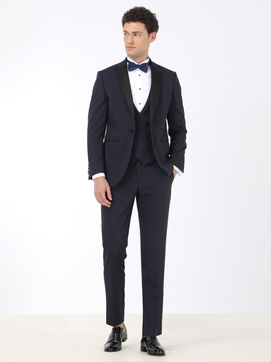 Lacivert Düz Slim Fit Demonte Yaka Dokuma Yelekli Smokin Takım Elbise - KİP