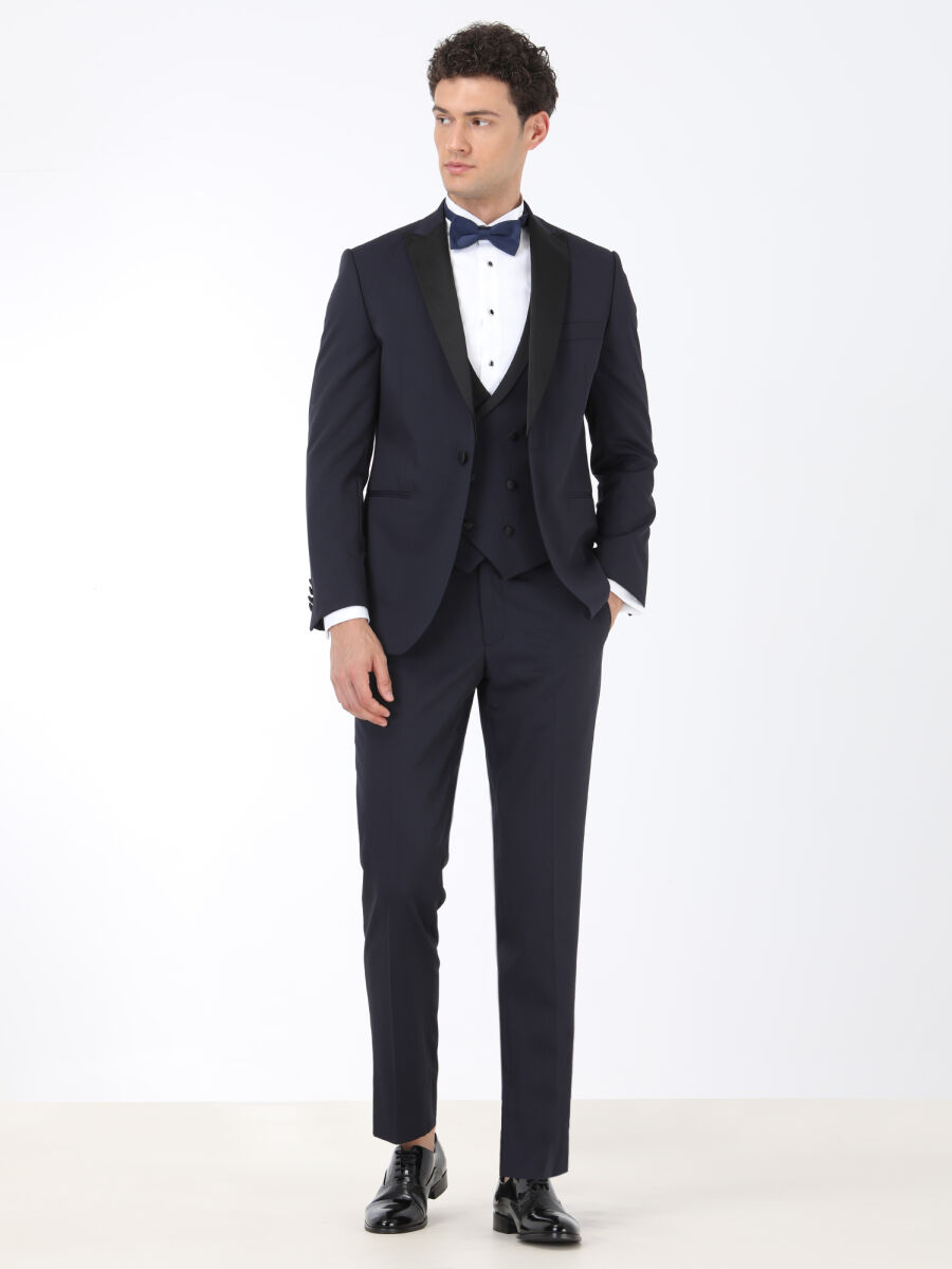 Lacivert Düz Slim Fit Demonte Yaka Dokuma Yelekli Smokin Takım Elbise - 2