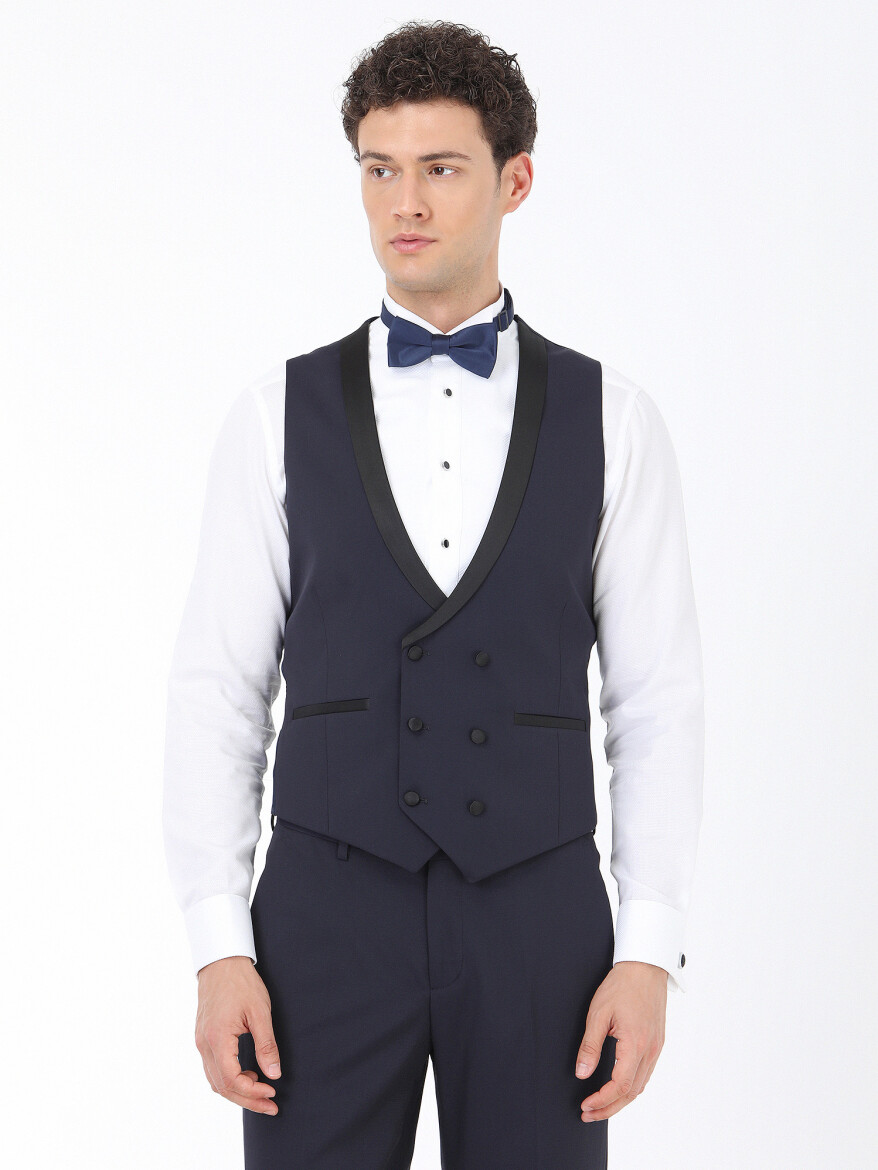 Lacivert Düz Slim Fit Demonte Yaka Dokuma Yelekli Smokin Takım Elbise - 3