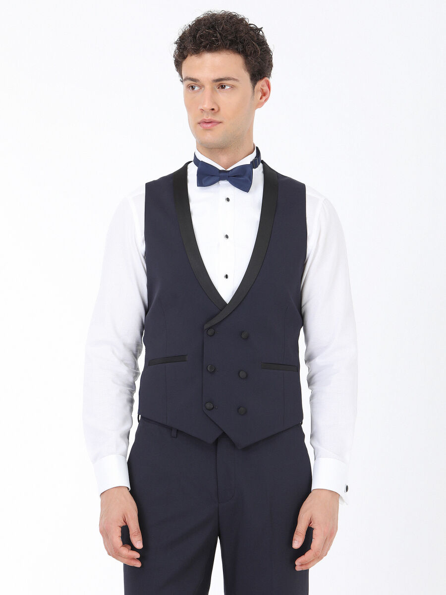 Lacivert Düz Slim Fit Demonte Yaka Dokuma Yelekli Smokin Takım Elbise - 3