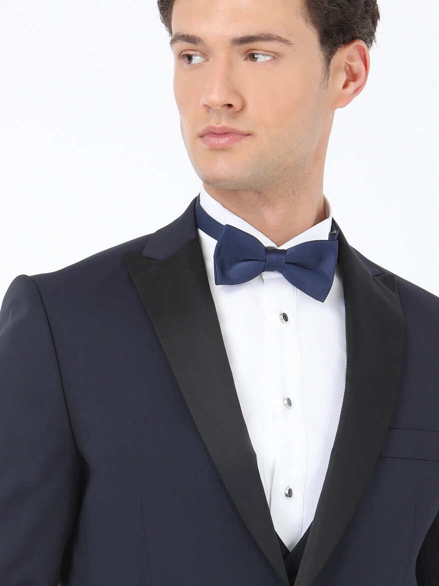 Lacivert Düz Slim Fit Demonte Yaka Dokuma Yelekli Smokin Takım Elbise - 4