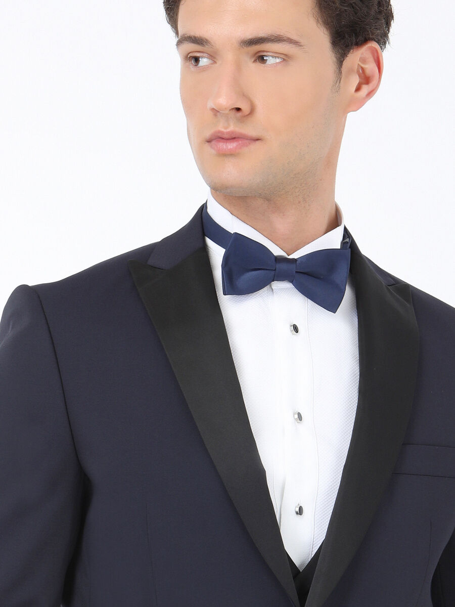 Lacivert Düz Slim Fit Demonte Yaka Dokuma Yelekli Smokin Takım Elbise - 4