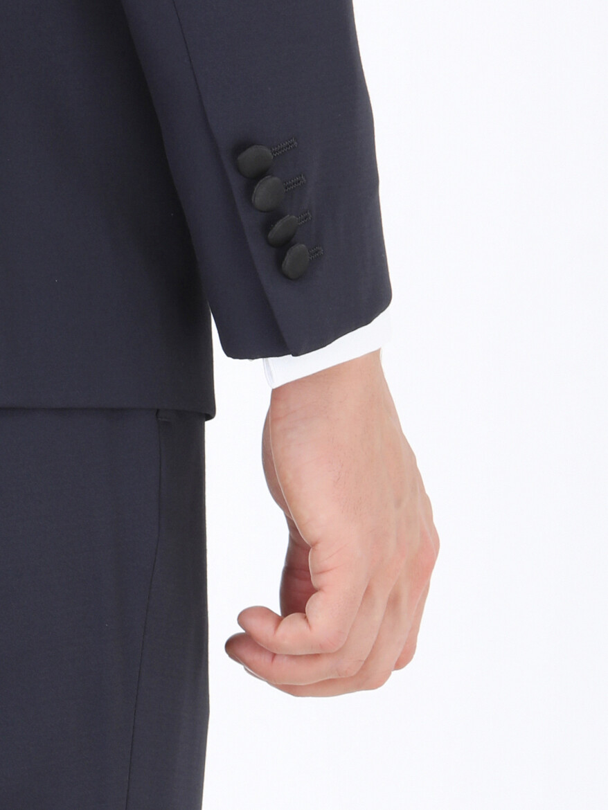 Lacivert Düz Slim Fit Demonte Yaka Dokuma Yelekli Smokin Takım Elbise - 5