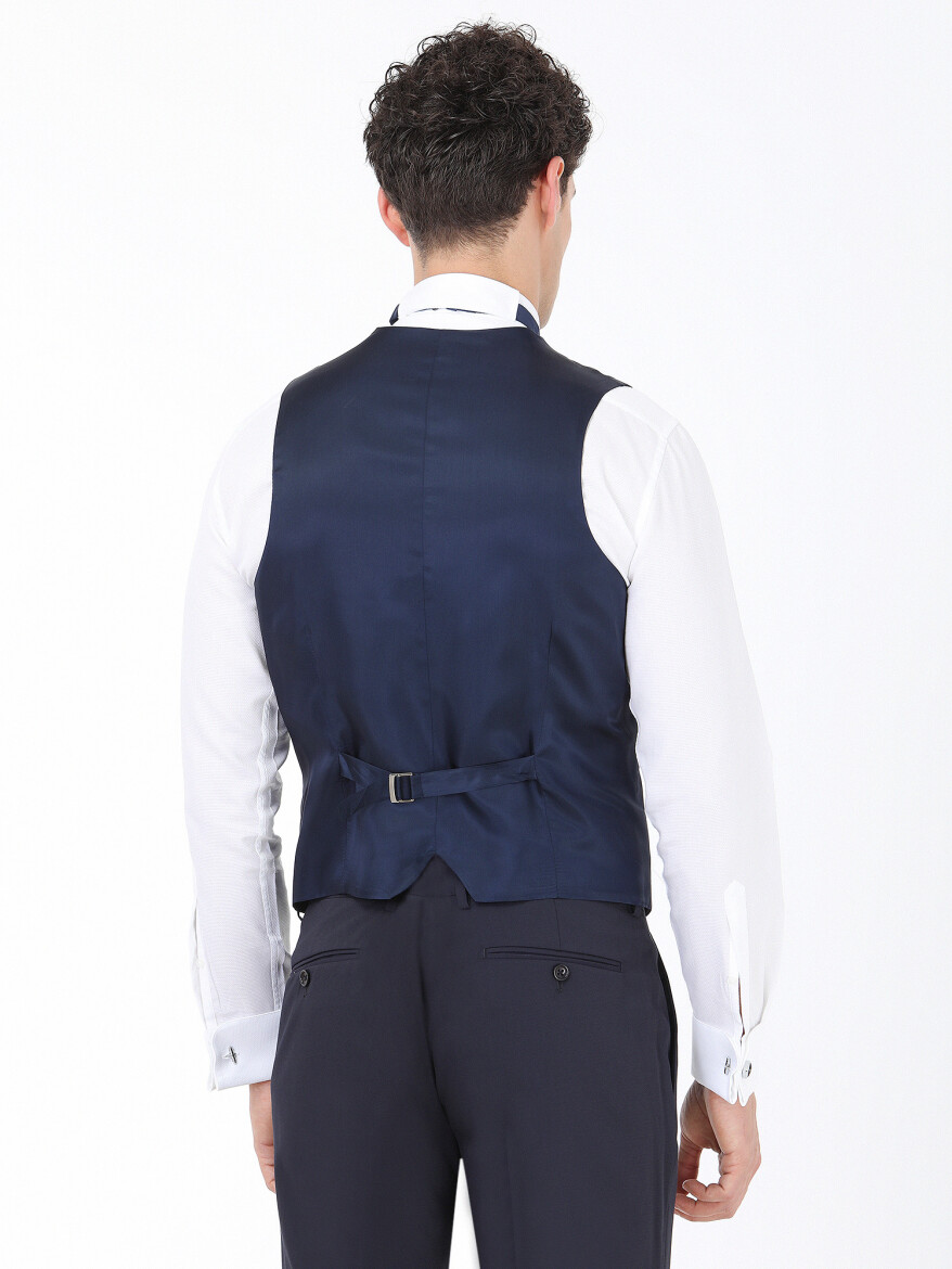 Lacivert Düz Slim Fit Demonte Yaka Dokuma Yelekli Smokin Takım Elbise - 6